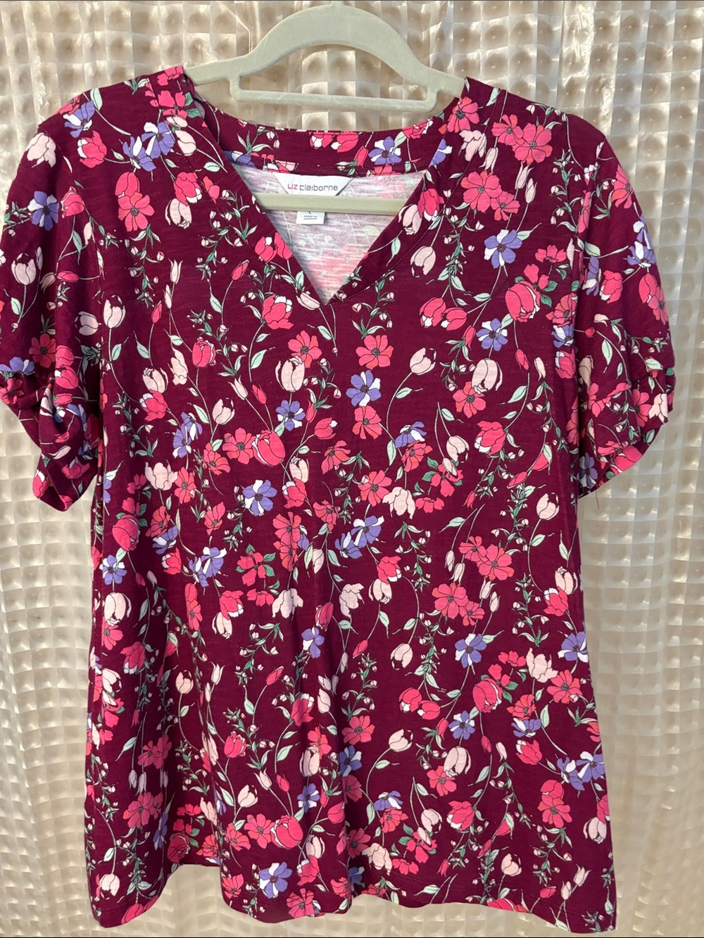 Liz Claiborne Burgundy Floral V-Neck Tee with Pink & Lavender Blooms
